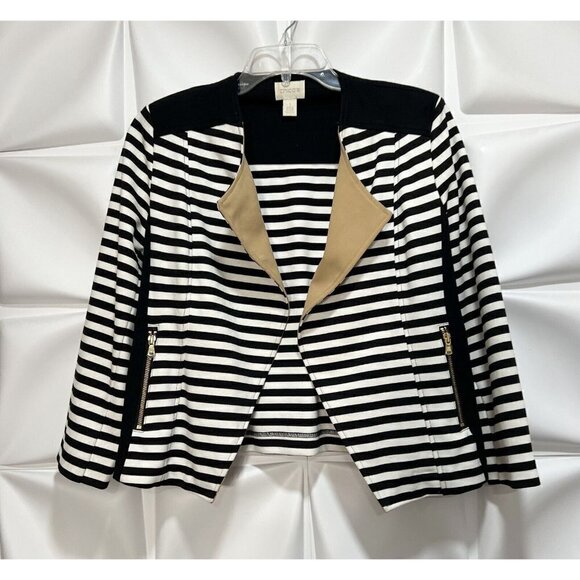 Chico's 1 Sz M Black Striped Moto Jacket Blocked Ponte Knit Tuxedo Blazer - Picture 4 of 15